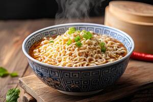 Chinese family reunion concept. Delicious steaming bowl of noodles with herbs. photo