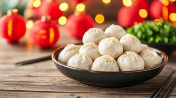 Chinese family reunion concept. Delicious dumplings in a festive setting with lanterns. photo
