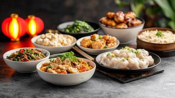 Chinese new year joyous reunion concept. Delicious assortment of Asian dishes on a table. photo