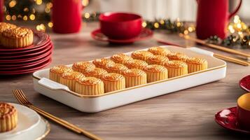 Chinese new year joyous reunion concept. Delicious treats arranged on a festive table setting. photo