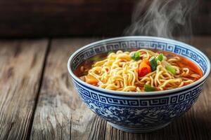 Chinese family reunion concept. Delicious steaming bowl of noodle soup with vegetables photo