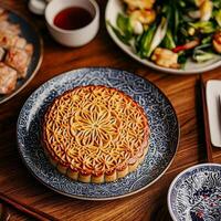 Chinese family reunion concept. Mooncake on a decorative plate with side dishes and tea. photo