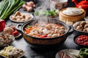 Chinese family reunion concept. Hot pot with fresh ingredients, steam rising from the broth. photo