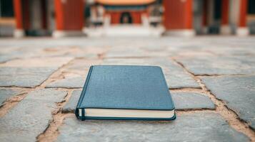 Retired with adventure concept. Leather-bound book on cobblestone path in tranquil setting photo