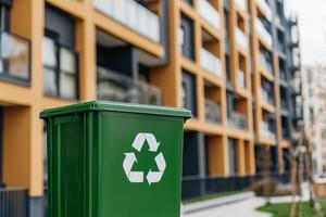 Recycling innovation project concept. Recycling bin in front of modern apartment buildings. photo
