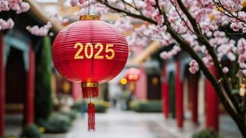 Spring festival 2025. Red lantern with 2025 surrounded by cherry blossoms. photo