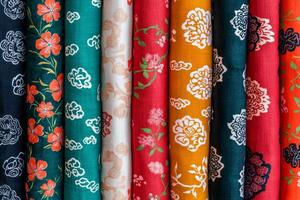 Sustainable aging in Chinese new year. Colorful fabrics with floral patterns in vertical rows. photo