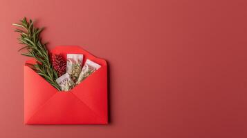 Focus on senior health concept. Festive red envelope with herbs and treats inside. photo