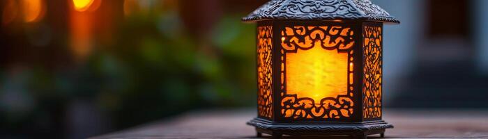 Dragon themed 2025. Decorative lantern glowing softly in evening light. photo