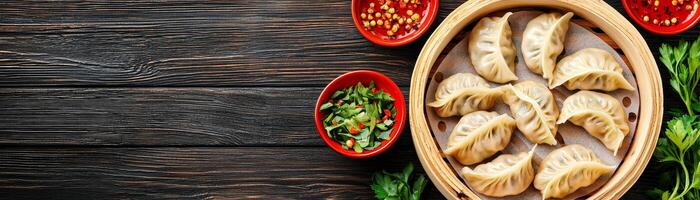 Focus on senior health concept. Delicious dumplings served with fresh herbs and spices. photo