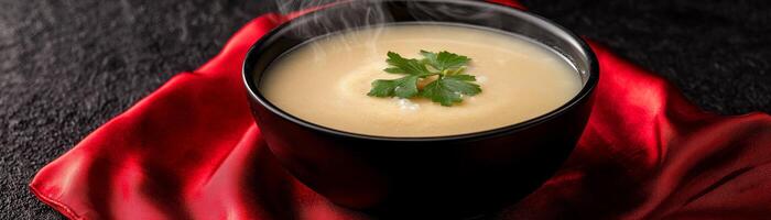 Joyful Chinese traditions concept. Creamy soup served in a black bowl garnished with herbs. photo