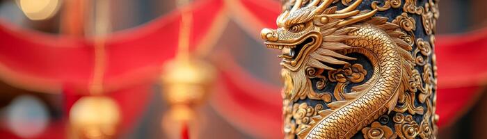 Golden dragon motifs concept. Golden dragon sculpture with red decorations in background photo