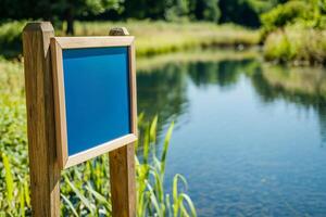 Care for freshwater ecosystem concept. Blank signpost by a tranquil river in a lush green landscape. photo