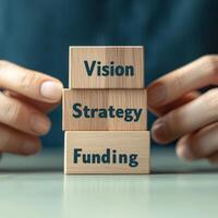 Funding with startup ecosystem concept. Hands holding wooden blocks labeled Vision, Strategy, and Funding. photo