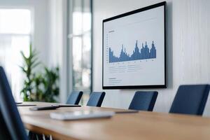 Funding with startup ecosystem concept. Conference room with a screen displaying blue data charts. photo