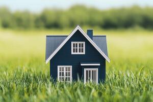 Tax with carbon concept. Miniature house model on green grass in a field. photo