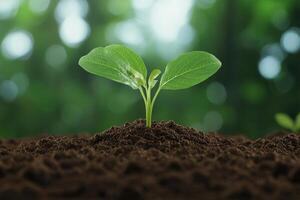 Tax with carbon concept. New seedling emerging from rich soil in a natural setting. photo