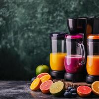 Workshops for healthy living concept. Vibrant smoothies in blenders with fresh fruits on a dark background. photo