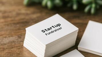 Funding with startup ecosystem concept. Startup fundraising cards on a wooden surface with greenery in the background. photo