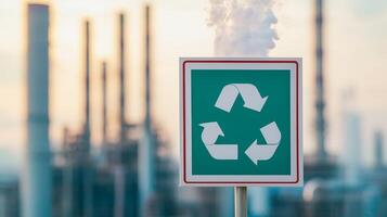 Tax with carbon concept. Recycling symbol with industrial background indicating sustainability focus. photo