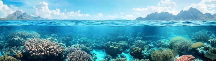 Tax with carbon concept. Vibrant underwater scene showcasing coral reefs and clear blue water. photo