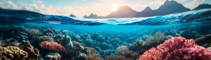 Tax with carbon concept. Underwater scene showcasing vibrant corals and a serene seascape at sunset. photo
