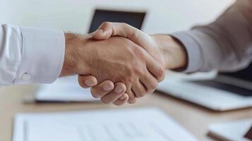Funding with startup ecosystem concept. Handshake symbolizing agreement and collaboration in a professional setting. photo
