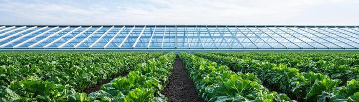 Low carbon economy transition concept. Greenhouse with lush crops under a bright sky. photo