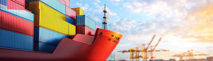 Global market shift concept. Container ship at dock during sunset with cranes in the background. photo