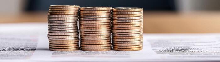 Economic policy reform concept. Stacks of coins on documents, representing finance and investment. photo