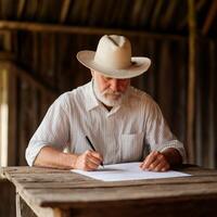 Tax with local concept. A man in a hat writes on paper at a rustic wooden table. photo