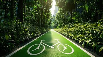 Low carbon economy transition concept. Lush green bike path surrounded by trees in a serene environment. photo