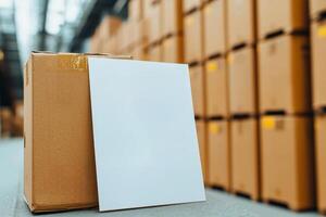 Export ban concept. Cardboard box with blank label in a warehouse setting. photo