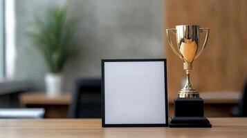 Employee with incentive concept. Award trophy beside a blank plaque on a wooden table in a modern office setting. photo