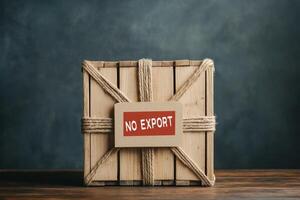 Export ban concept. Wooden crate with a No Export label on a rustic background. photo