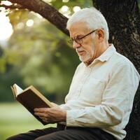 Healthy aging support concept. Elderly man reading a book under a tree in a serene outdoor setting. photo