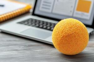 Stress program management. Yellow sponge ball beside a laptop on a wooden table. photo