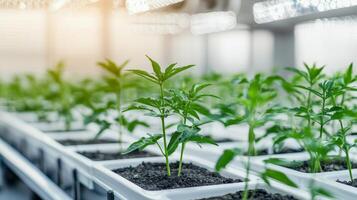 Solution engineering in biomedical concept. Green seedlings growing in a greenhouse environment. photo
