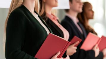 tax with exemption concept. Group of professionals holding red folders in a line. photo
