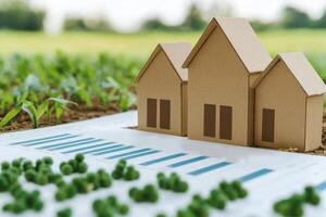 Tax with local concept. Model houses on a plan with greenery in the background. photo