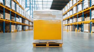 Export ban concept. Pallet of wrapped goods in a warehouse setting. photo