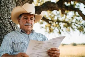 Tax with local concept. A man in a cowboy hat reading papers under a tree. photo