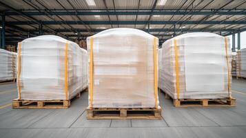 Export ban concept. Pallets of wrapped goods stored in a warehouse setting. photo