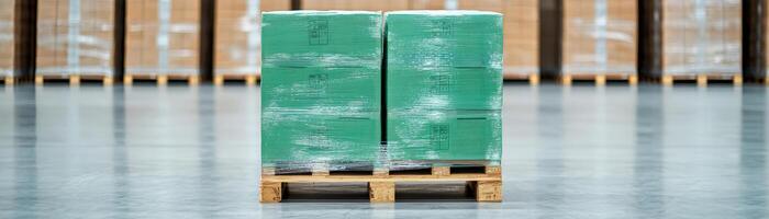 Export ban concept. Pallets of green wrapped goods in a warehouse setting. photo