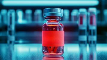 Cancer innovation treatment concept. Vibrant red liquid in a glass vial against a glowing background. photo