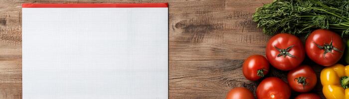 Tax with local concept. Grocery list beside fresh vegetables on a wooden table. photo