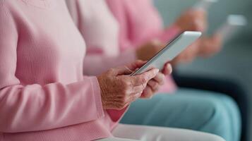 Healthy aging support concept. Seniors using mobile devices while sitting together. photo