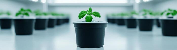 Solution engineering in biomedical concept. Green plant sprouting in a pot among rows of similar pots in a bright environment. photo