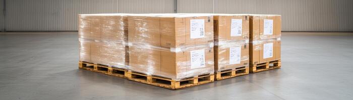 Export ban concept. Stacked pallets of cardboard boxes wrapped in plastic film indoors. photo