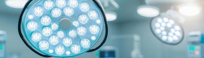 Surgery precision robotic concept. Surgical lights illuminating a sterile operating room environment. photo